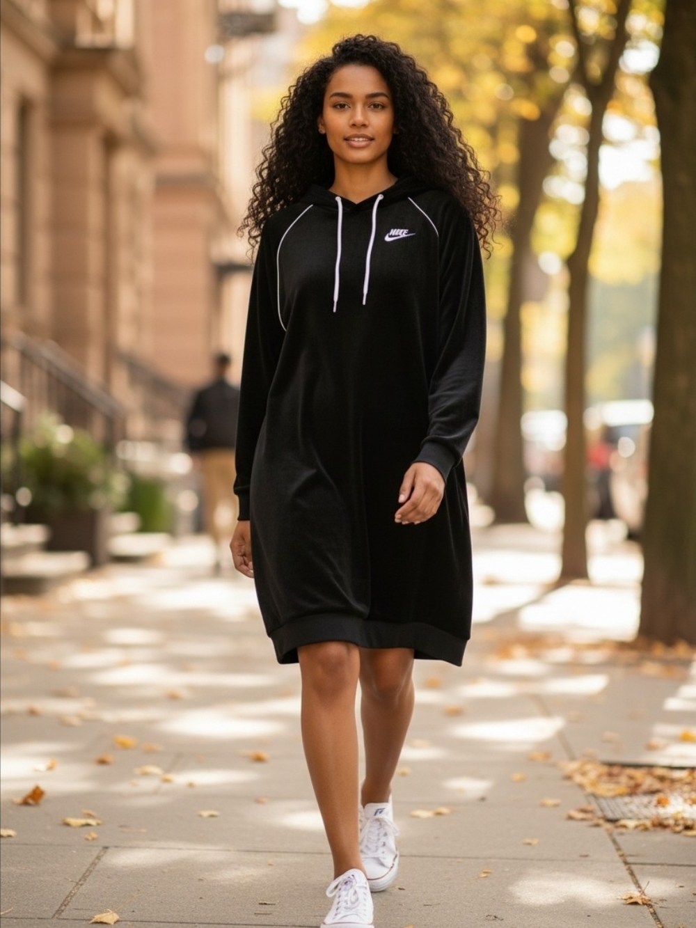 Streetwear Nike Velour Black Hoodie Dress with Drawstring. NWOT. Size Large
